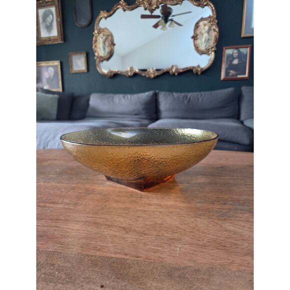 Hazel Atlas Amber Textured Glass Bowl 11" Mid-Century Modern Square Base - Picture 1 of 8